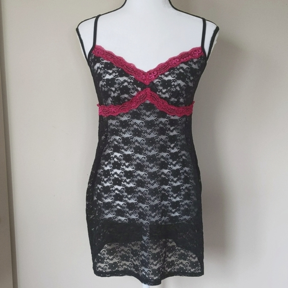 George Crochet Lace Sexy Sheer Lingerie Nightie M Black Pink